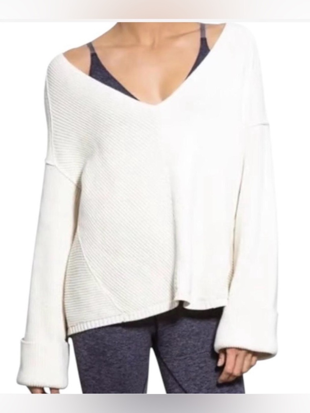 Free People La Brea V-Neck Sweater Large Ivory Chunky Knit Oversized Slouchy